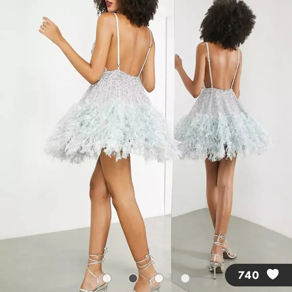 NWT ASOS Size 4 US Sequin Cami Mini Dress with Faux Feather Hem in Ice Blue - Picture 3 of 15
